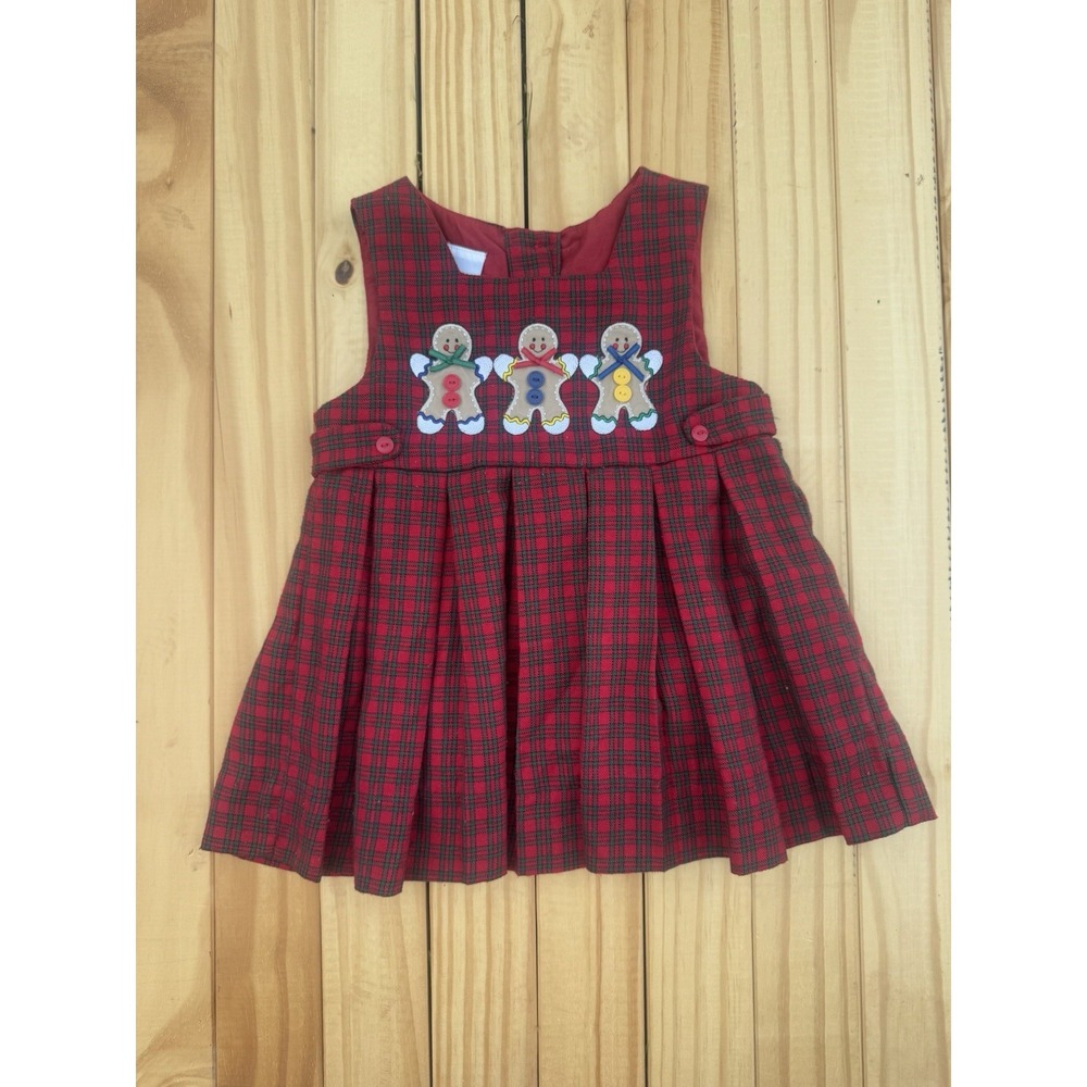 Vintage Samara red plaid jumper dress embroidered Gingerbread Men Appliqué Sz 3t